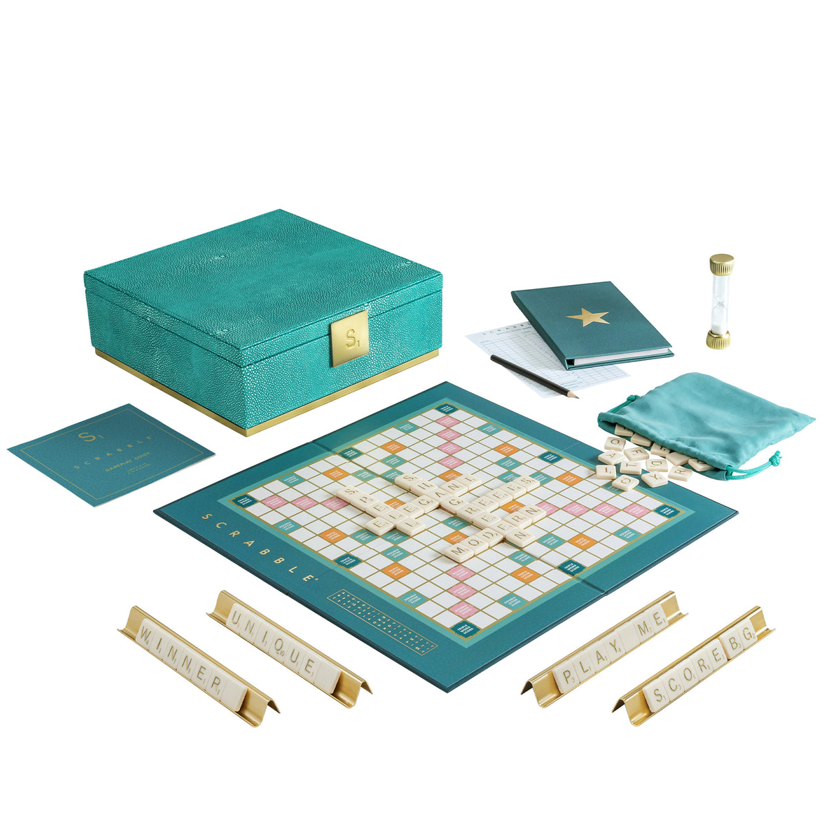 Three quarter view of Scrabble Del Mar Shagreen Edition showcasing faux shagreen box and game pieces on white background