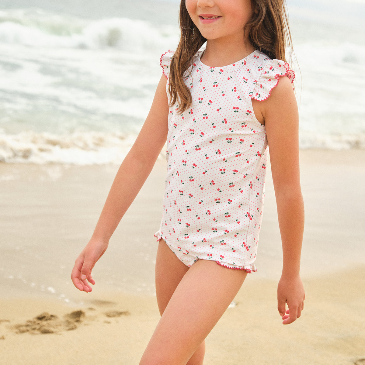 Girl’s Summer Cherries Ruffle Cap Sleeve Rashguard Set