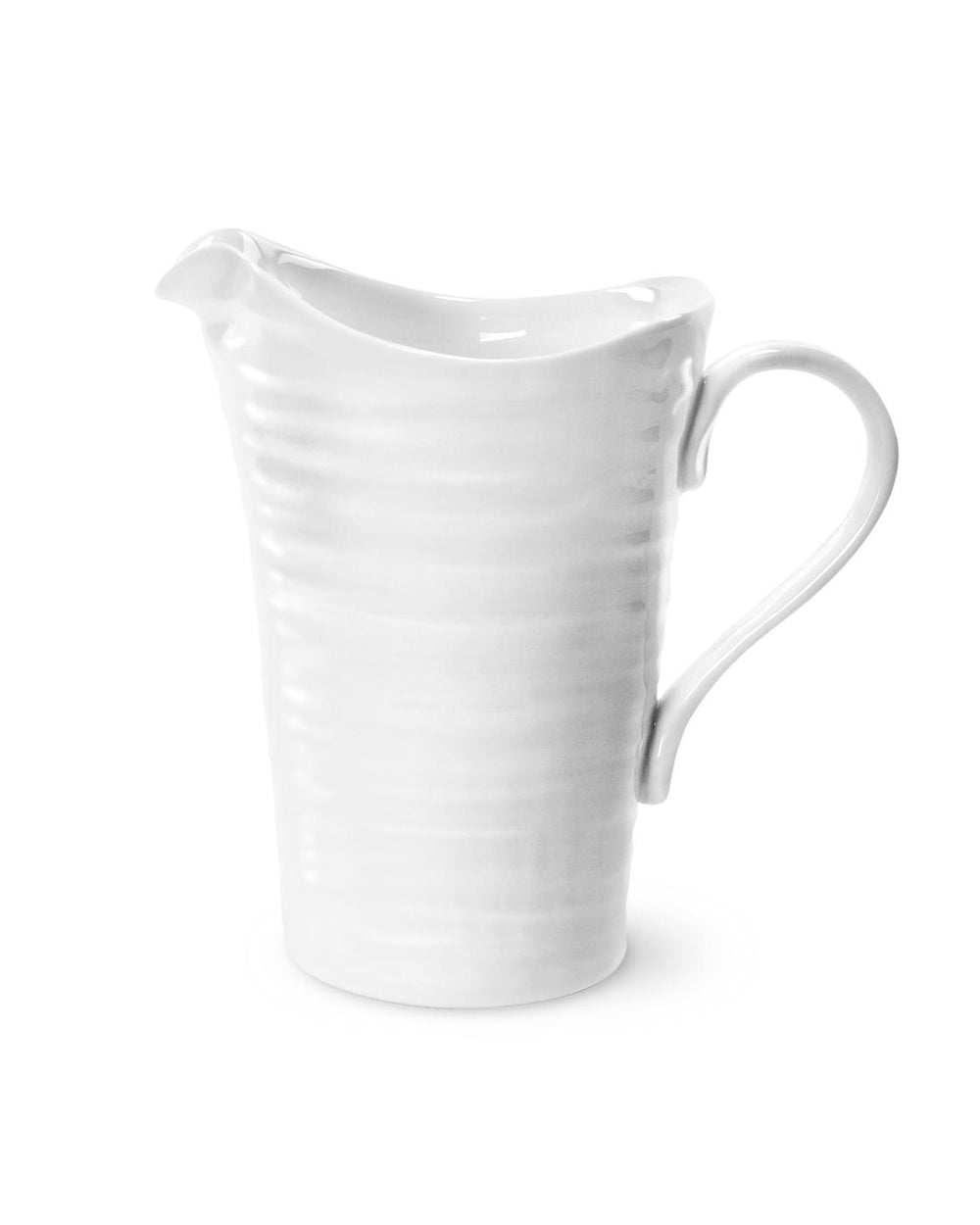 Front view of Sophie Conran porcelain pitcher showcasing subtle horizontal ribbed texture and curved handle on white background