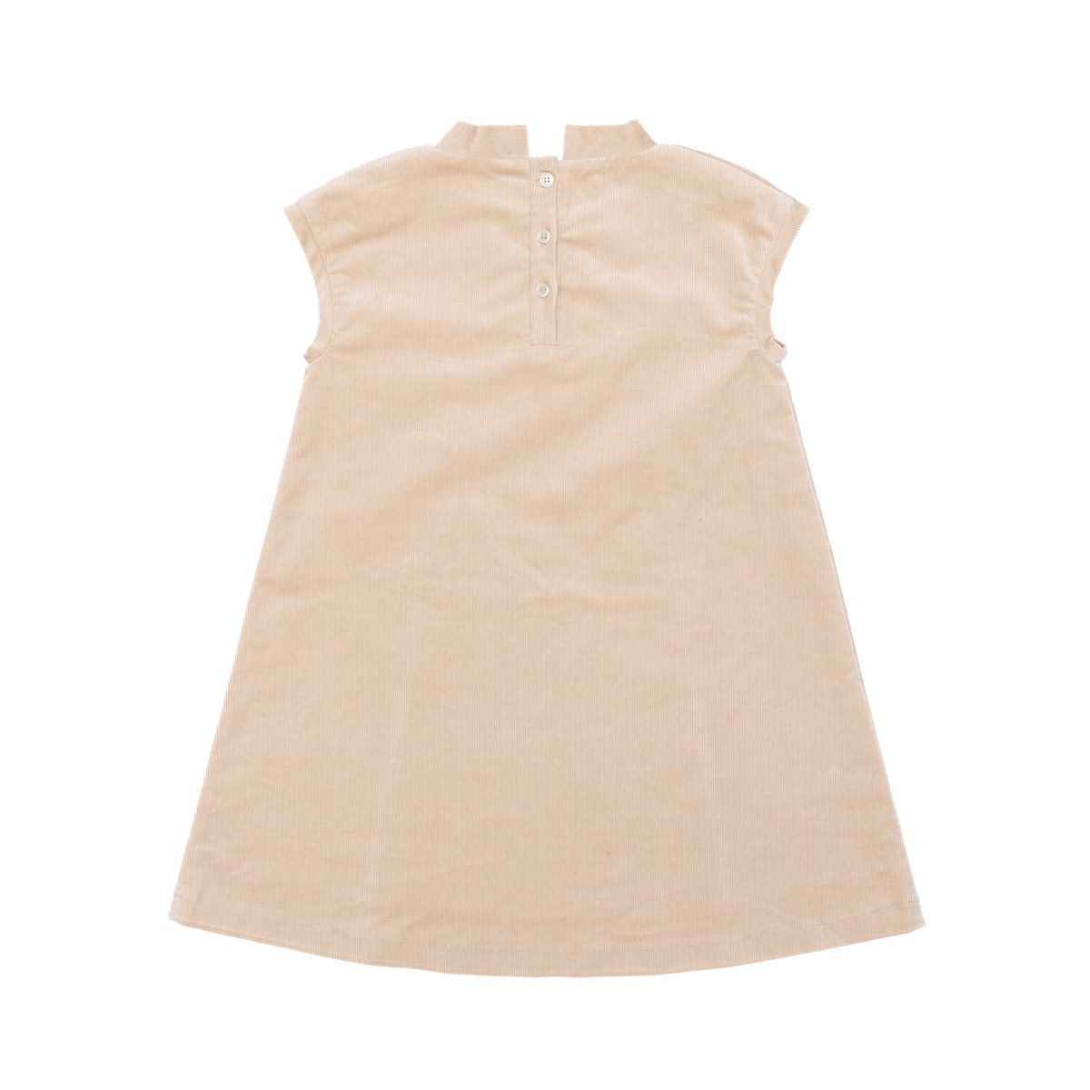 Back view of Isabel dress in King’s Way Khaki corduroy showcasing back button placket with covered buttons on white background