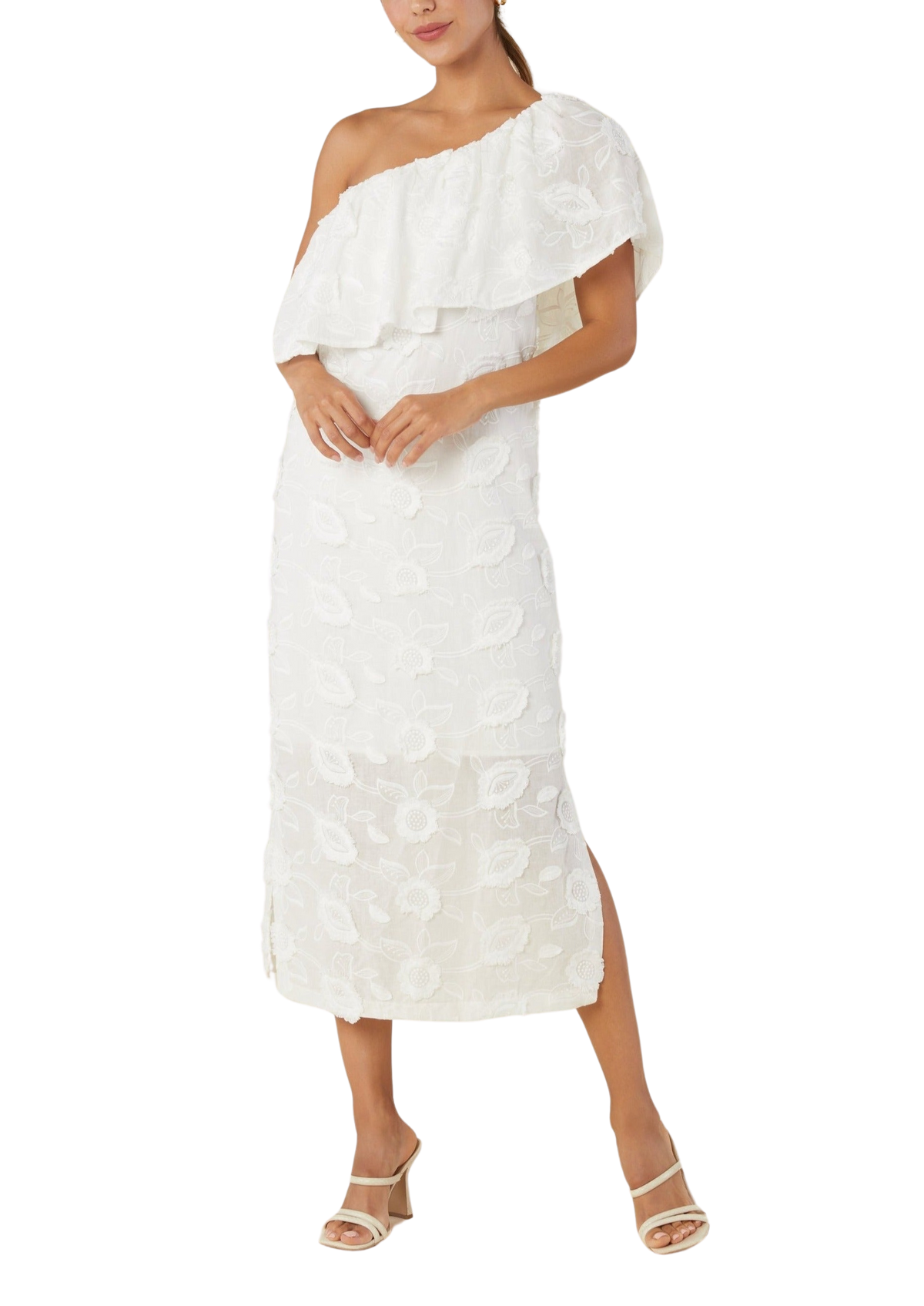 Front view of Sutton One-Shoulder Dress in White showcasing one-shoulder ruffle neckline and floral embroidery on a transparent background