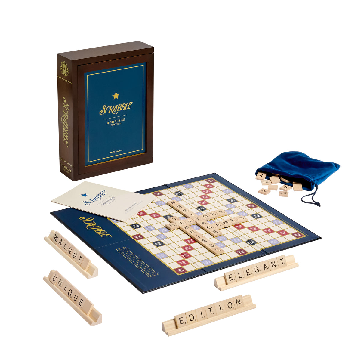 Front view of Scrabble Heritage Edition showcasing walnut stained wood book, game board, wooden racks, tiles, and fabric pouch