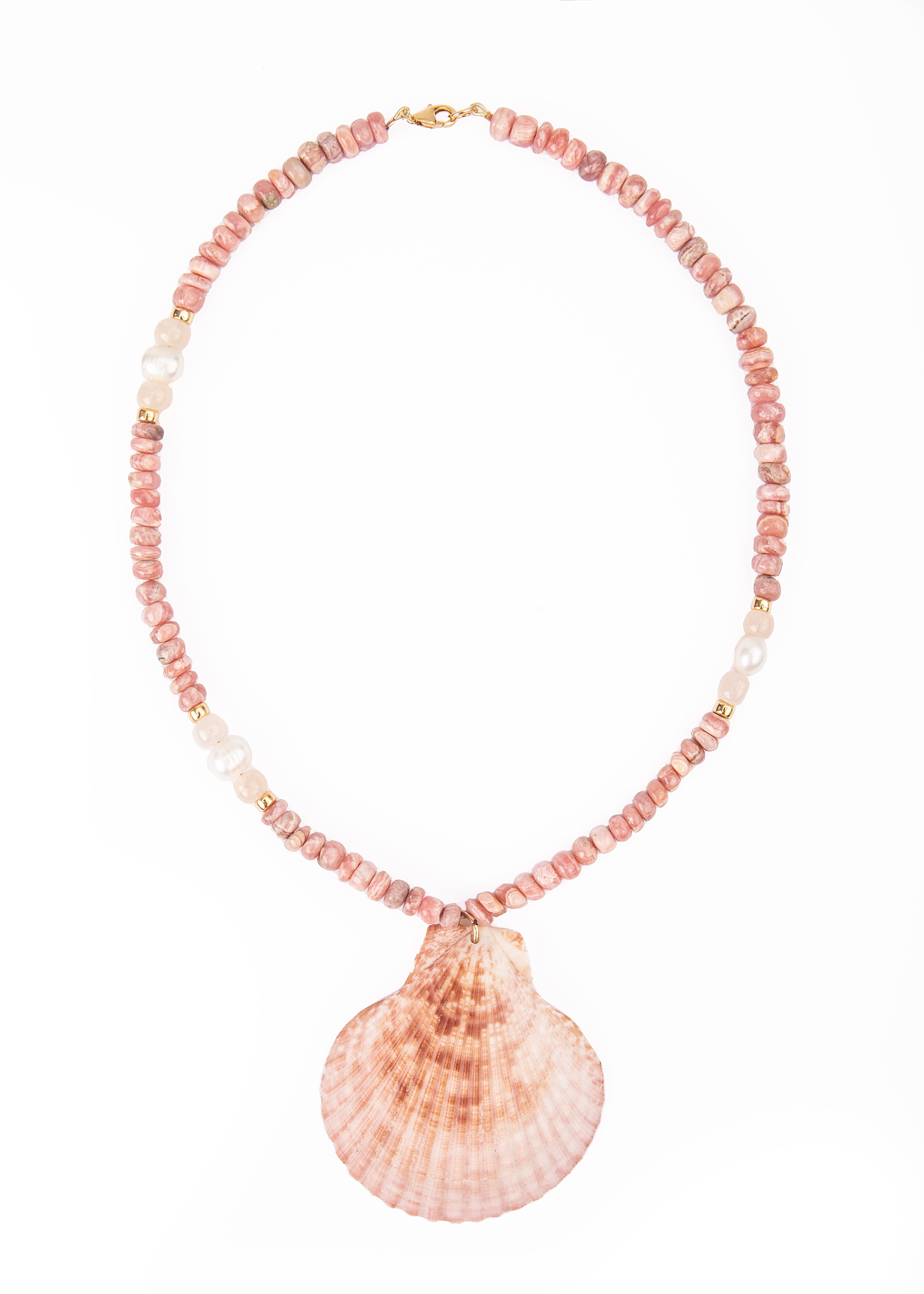 OTM Exclusive: Rhodochrosite, Pearl, And Moonstone Necklace With Cinnamon Brown Shell Pendant