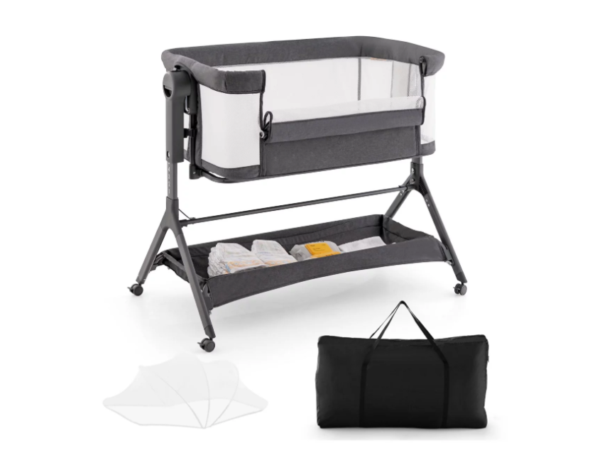 CostwayHeight Adjustable Bedside Sleeper Baby Crib with Storage Bag