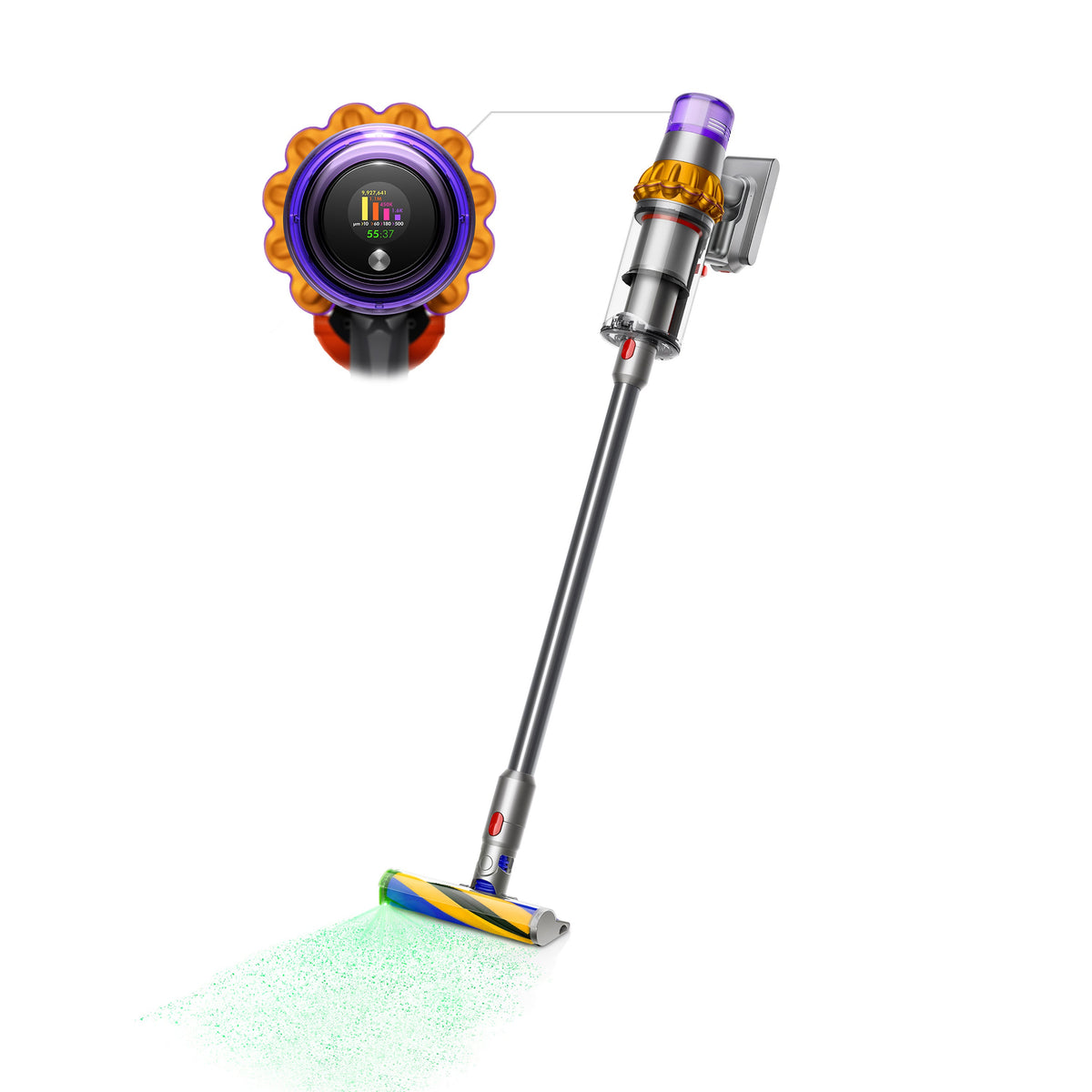 Angled view of V15 Detect Cordless Vacuum in Yellow & Nickel showcasing particle display and cleaner head on white background