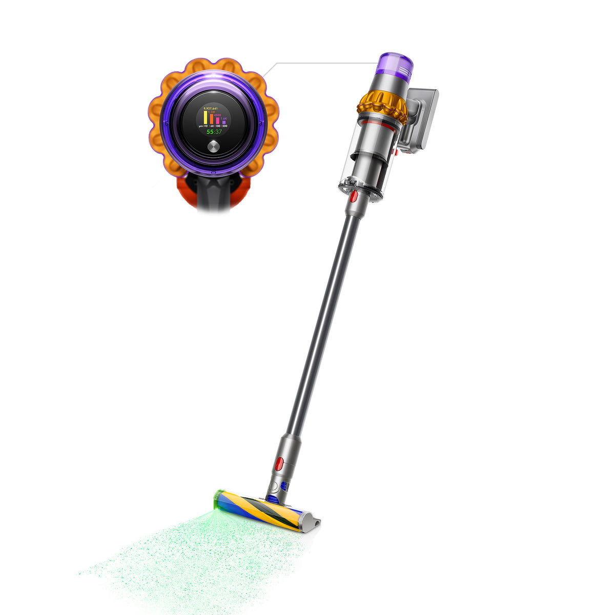 Angled view of V15 Detect Cordless Vacuum in yellow and nickel showing particle display and Digital Motorbar cleaner head
