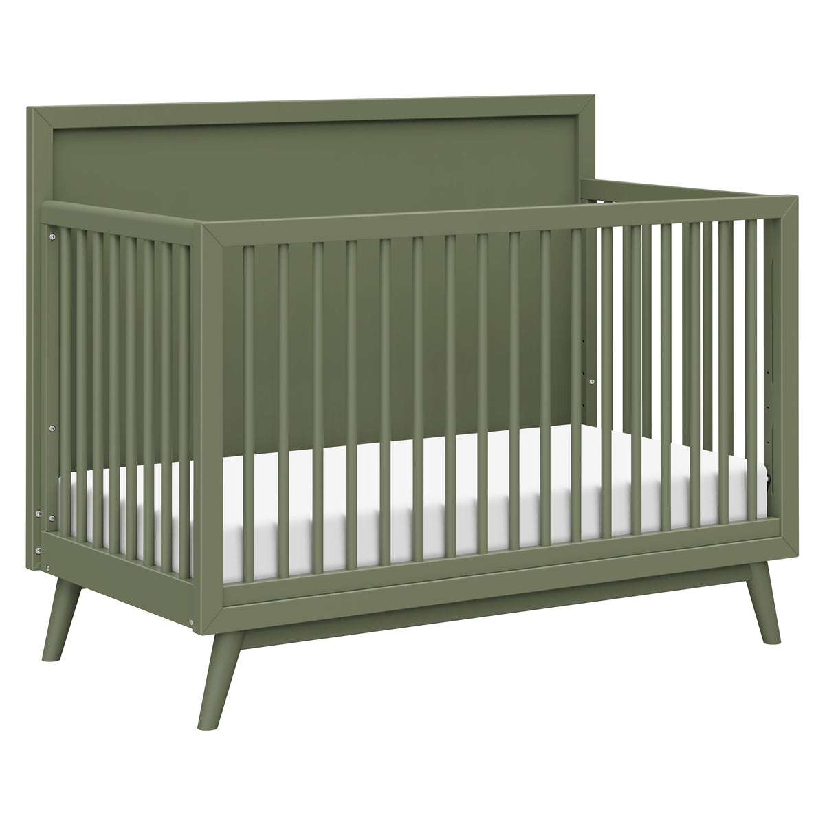 Front three-quarter view of Palma four-in-one convertible crib in olive showcasing elevated headboard and slatted sides