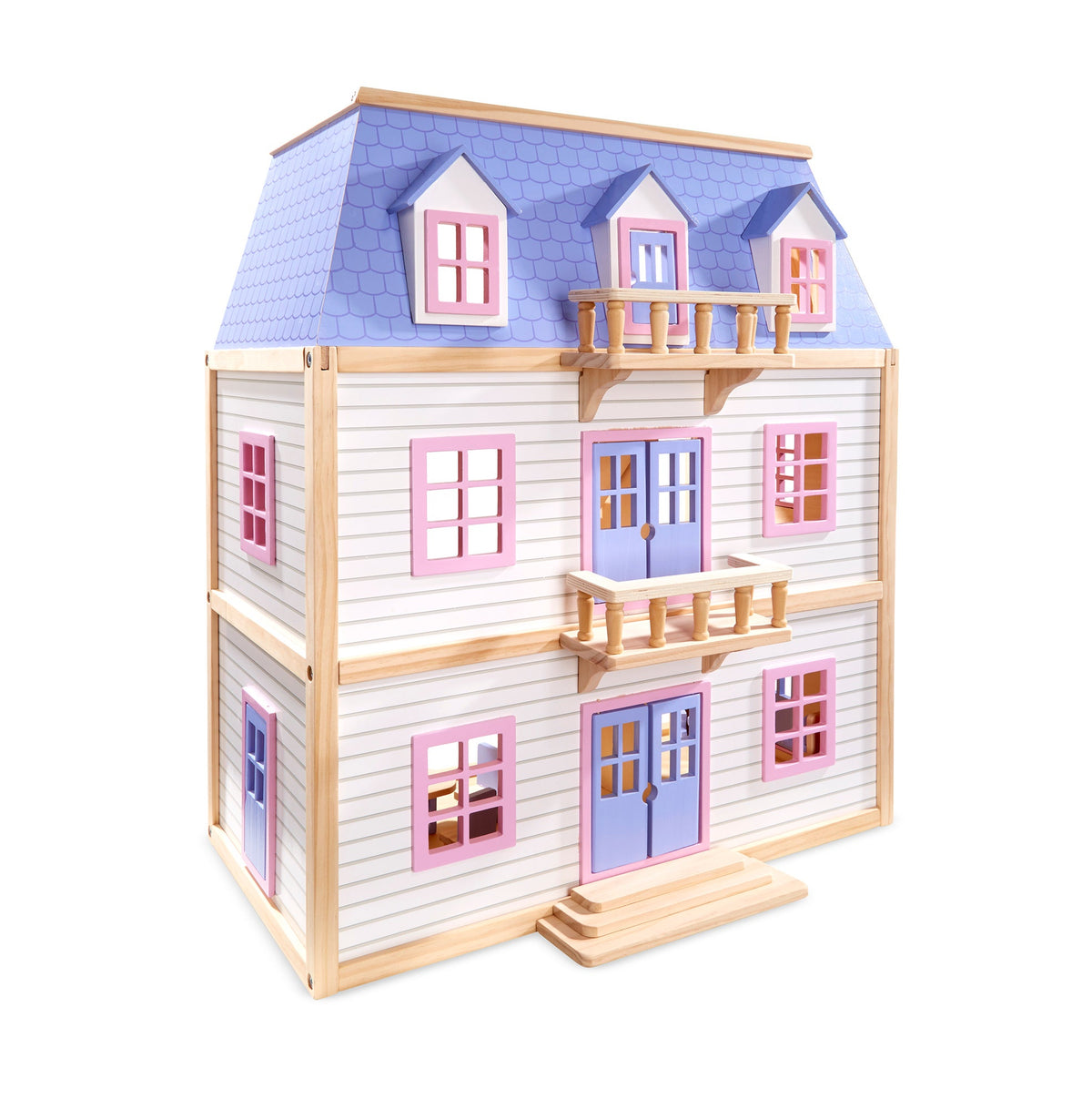 Angled view of multi-level wood dollhouse with purple roof, pink-trim windows, balconies and double doors on white