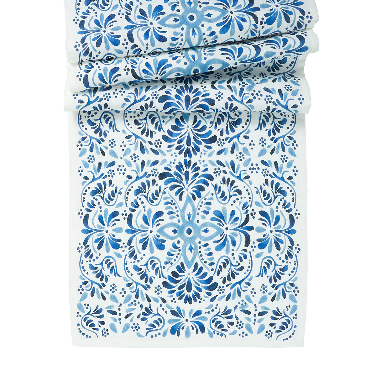 Front view of Iberian 18 by 90 inch Table Runner in Indigo showcasing cobalt blue floral pattern on white linen