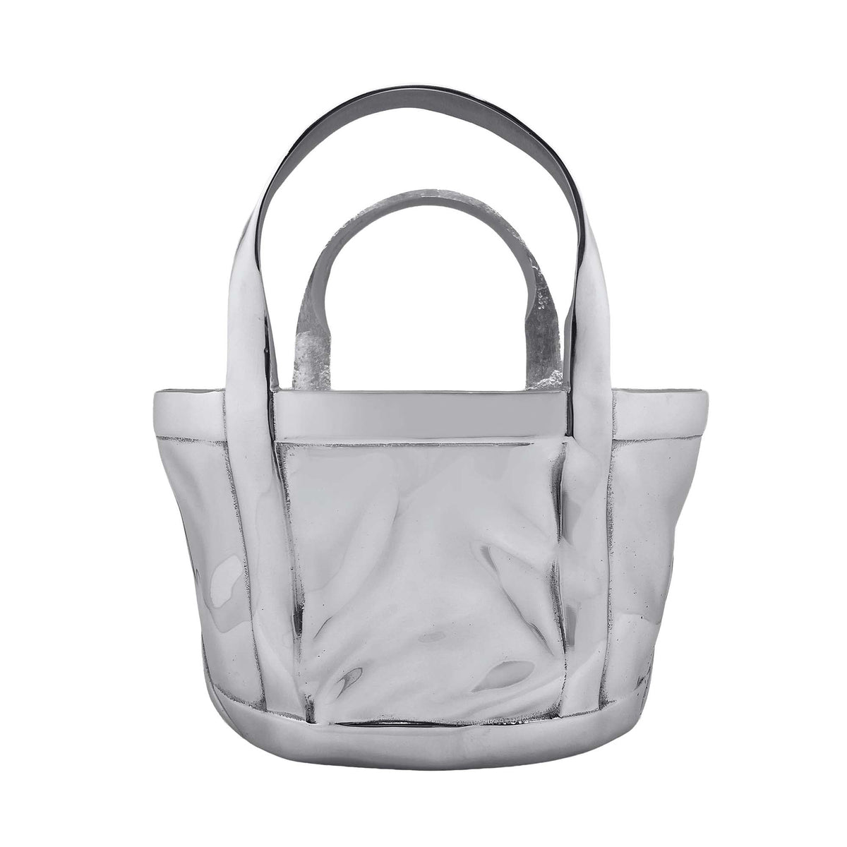 Front view of Tote Bag Wine Bucket showcasing sculpted tote silhouette and polished recycled-aluminum finish
