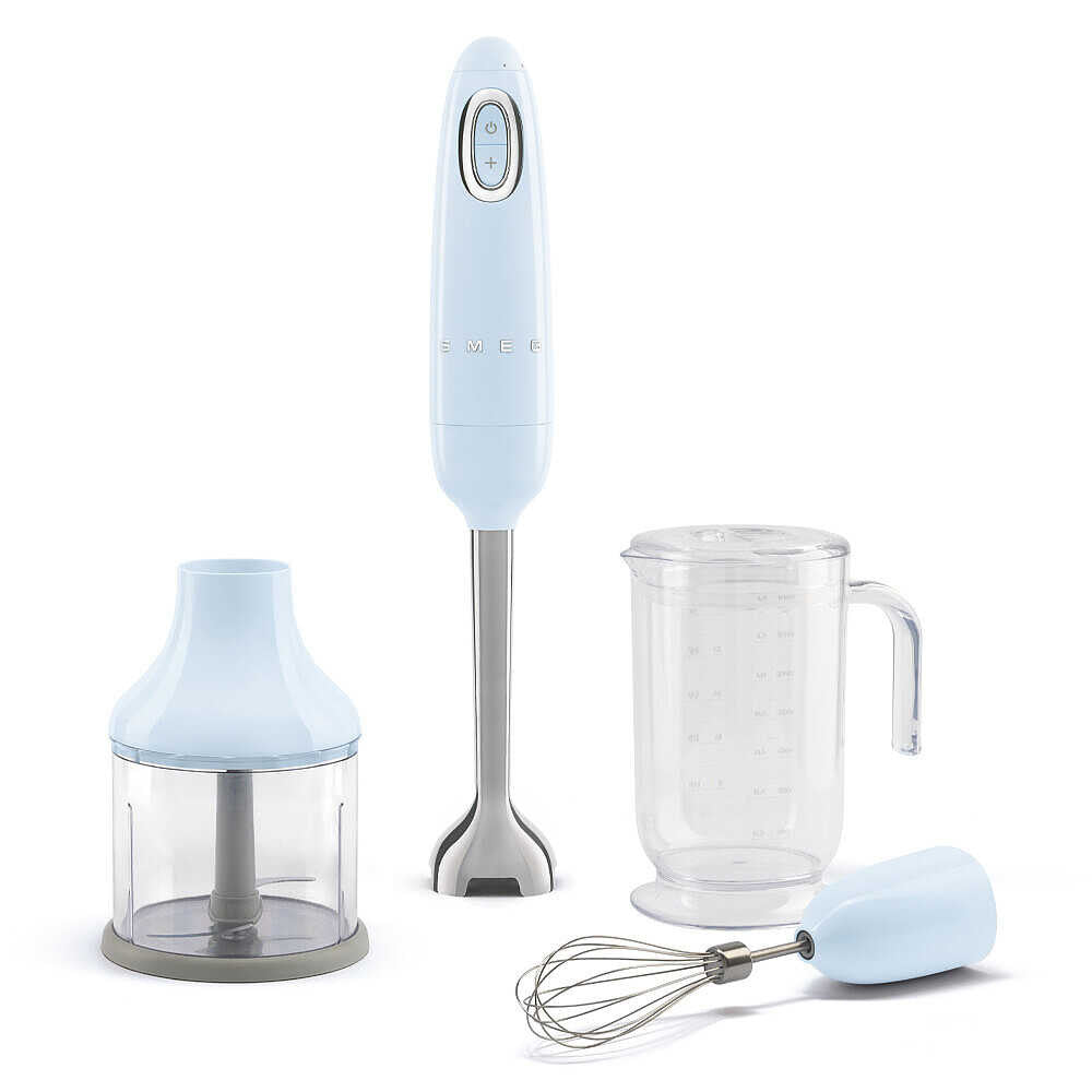 SMEG hand blender in pastel blue with stainless-steel shaft, beaker, chopper bowl, and wire whisk on white background