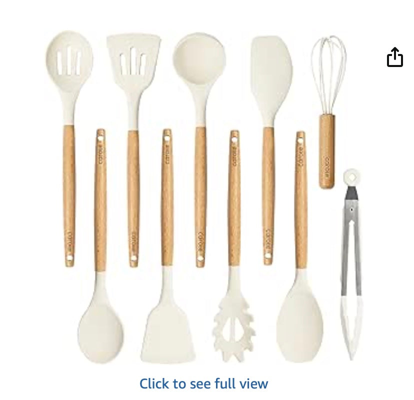 CAROTE Silicone Cooking Utensils Set, Kitchen Utensils Set 10 Pcs for cooking, BPA Free Spatula Set with Heat Resistant Wood Handles for Nonstick Cookware (Cream White)