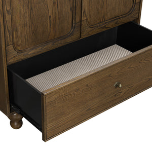 Close-up of Astre Assembled Armoire by Nate Berkus in Toffee showcasing open drawer, striped interior, and brass knob
