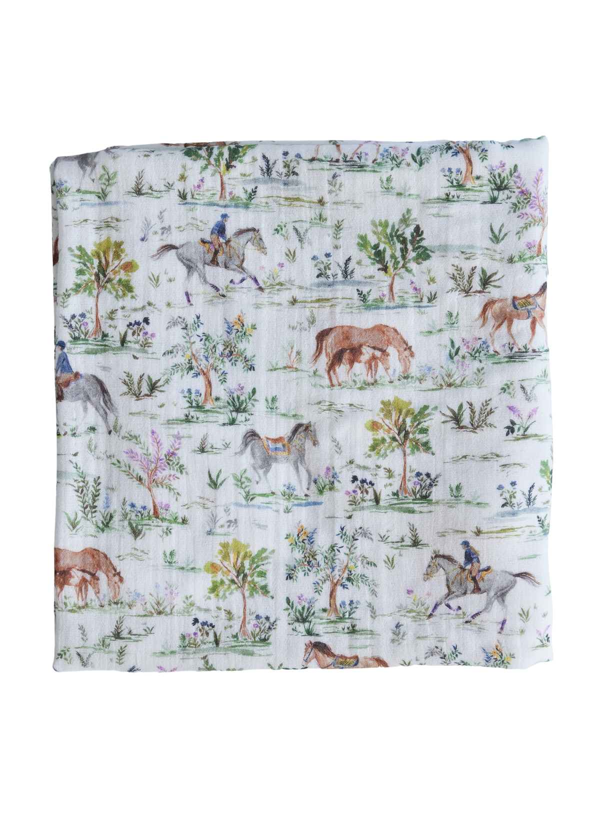 Front view of Hunter Pace Horse Shawl Blanket showcasing horses, riders, trees, and wildflowers on a black background
