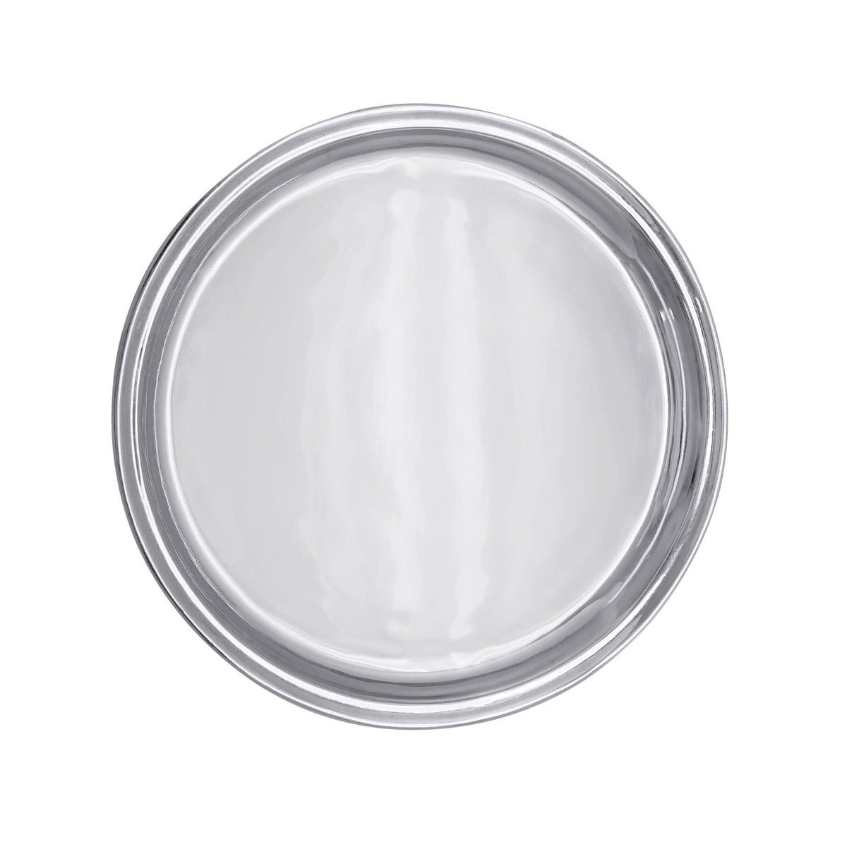 Top view of Mariposa Signature Small Round Tray showcasing polished recycled aluminum finish on white background