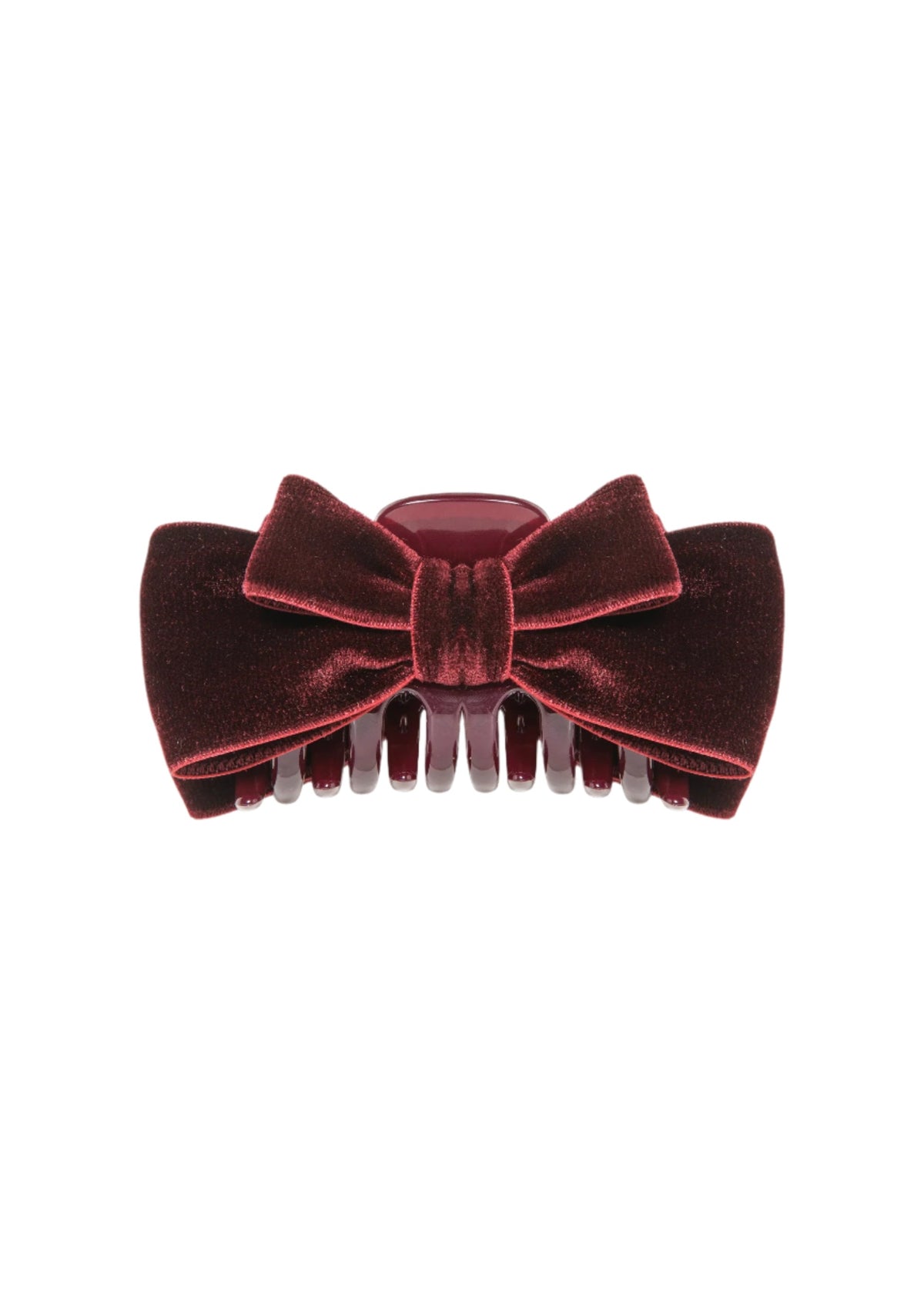 Front view of Matilda Jaw Clip in Pinot showcasing layered burgundy velvet bow on acrylic resin clip on white background