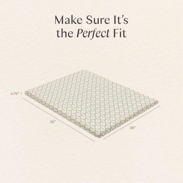 Top view of All Stages Midi Crib Sheet showing 36 by 28 by 6.75 inch dimensions with Make Sure Its the Perfect Fit text