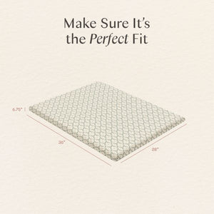 Top view of All Stages Midi Crib Sheet showing 36 by 28 by 6.75 inch dimensions with Make Sure Its the Perfect Fit text