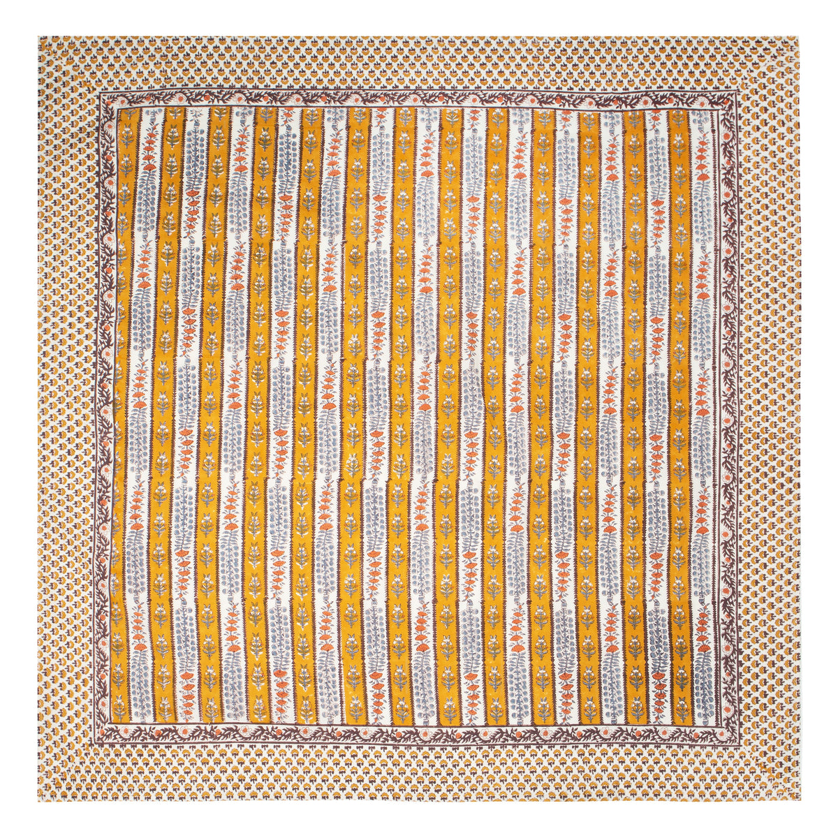 Flat view of French Tablecloth Avignon in Dijon and Blue showcasing botanical stripes and floral borders on a cream background