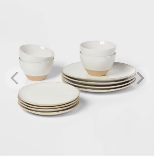 12pc Stoneware Wethersfield Artisan Dinnerware Set White - Threshold™: Microwave & Dishwasher Safe Dish Set