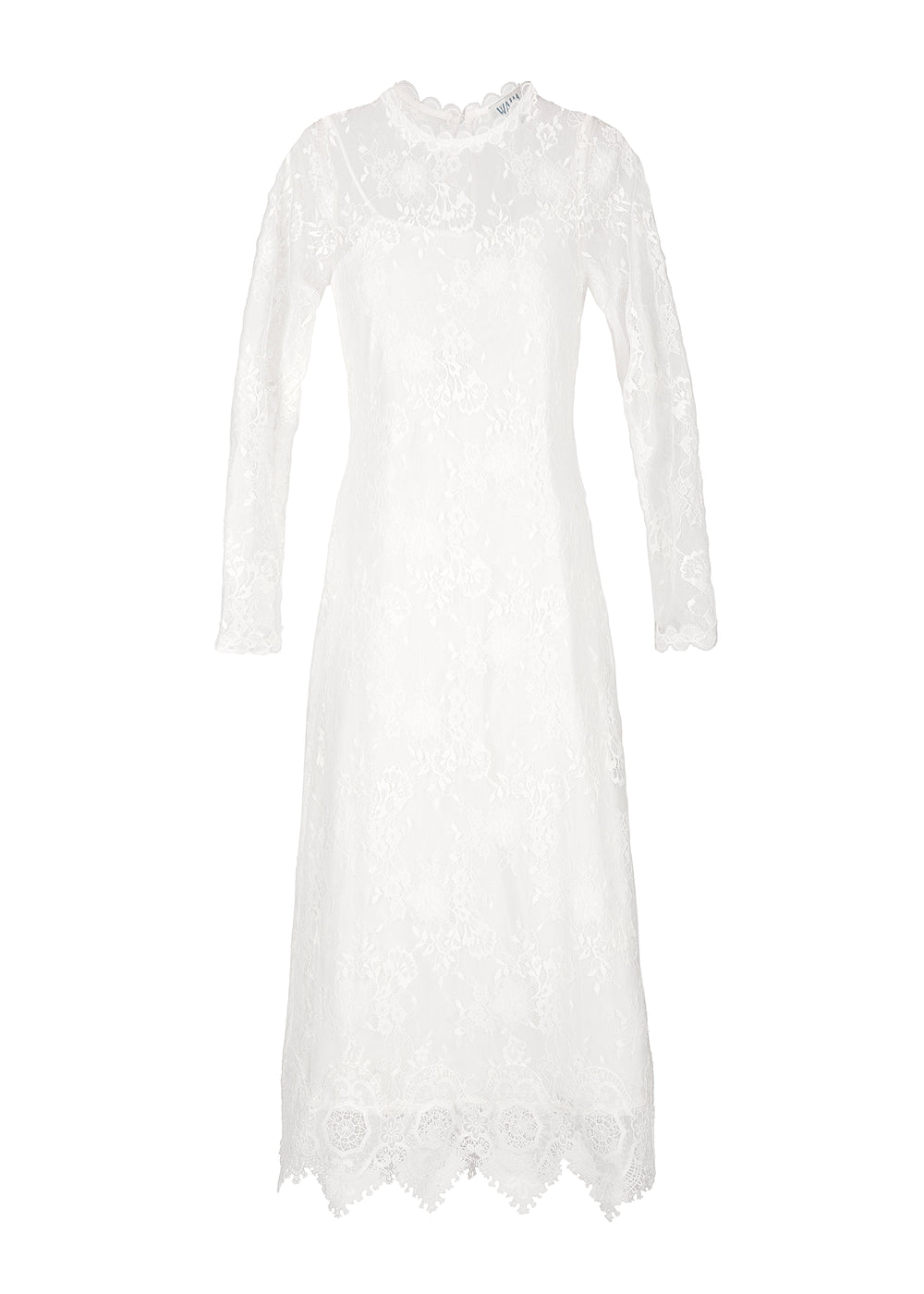 Front view of Lumiere Midi Dress in white showcasing floral lace, long sleeves, scalloped high neckline and hem