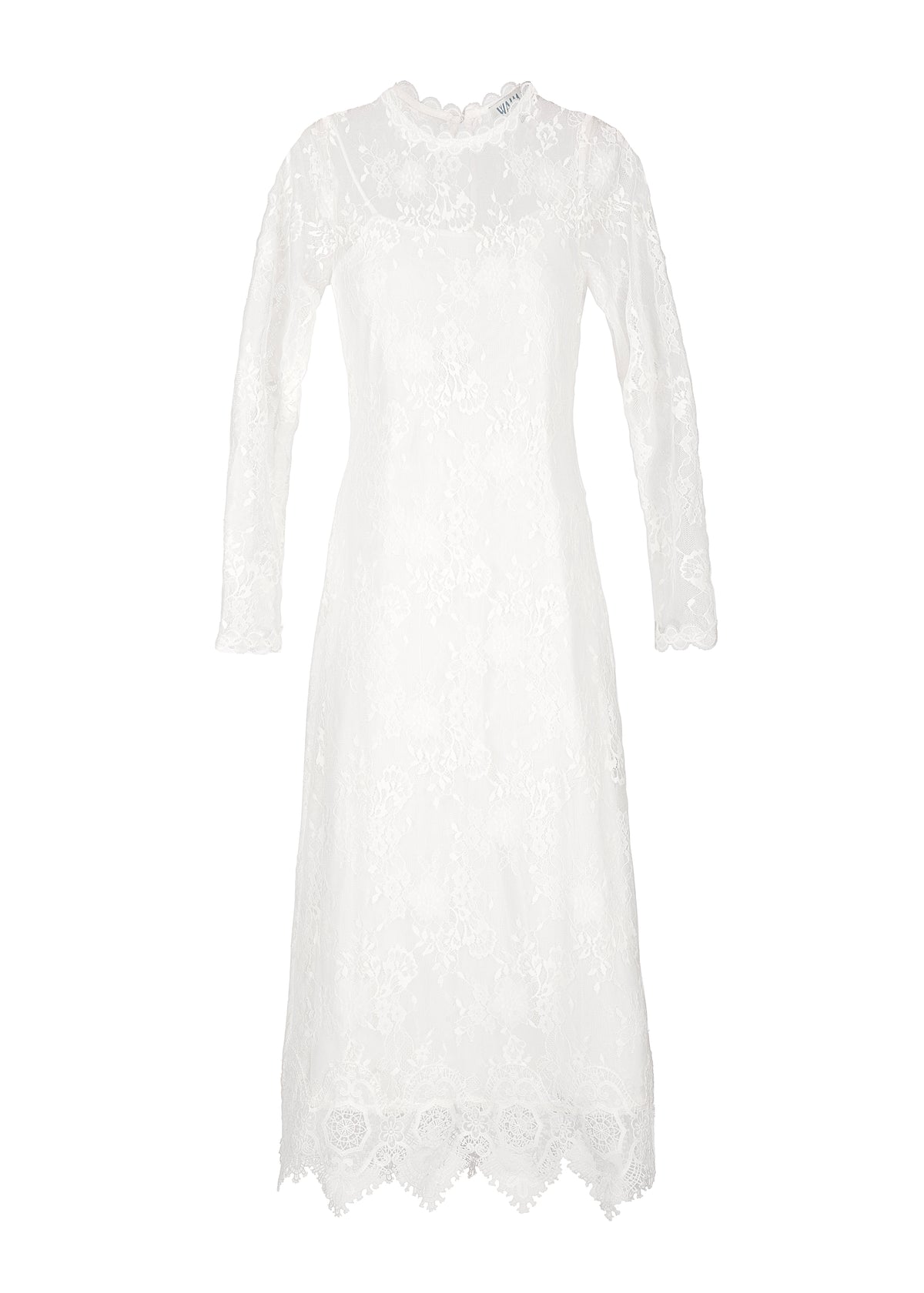 Front view of Lumiere Midi Dress in white showcasing floral lace, long sleeves, scalloped high neckline and hem