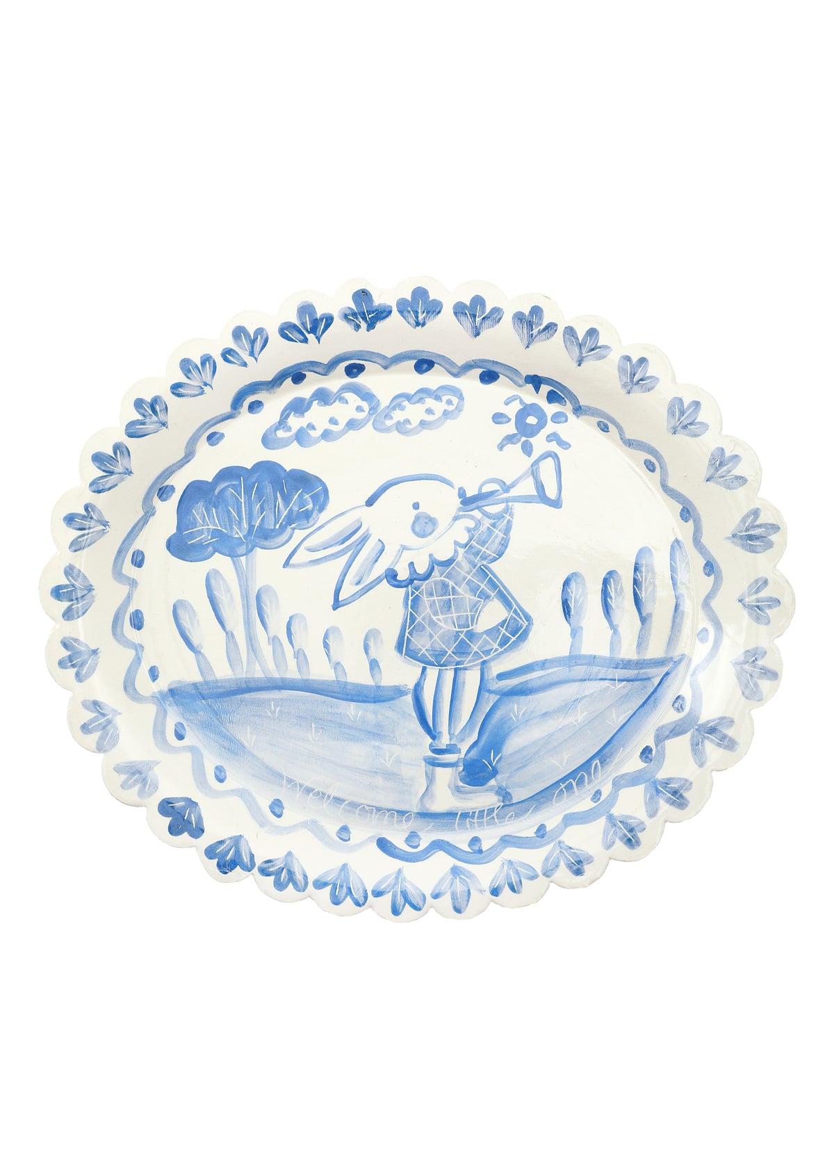 Scalloped Birth Plate in Blue with Rabbit