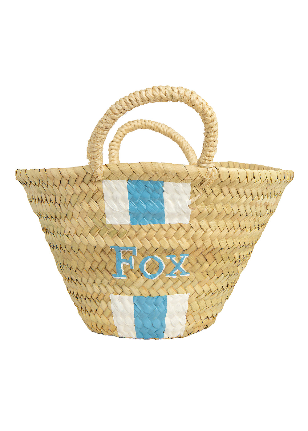 Front view of Quinn Mini Tote showcasing handwoven straw, painted blue-and-white stripes and FOX monogram on white background