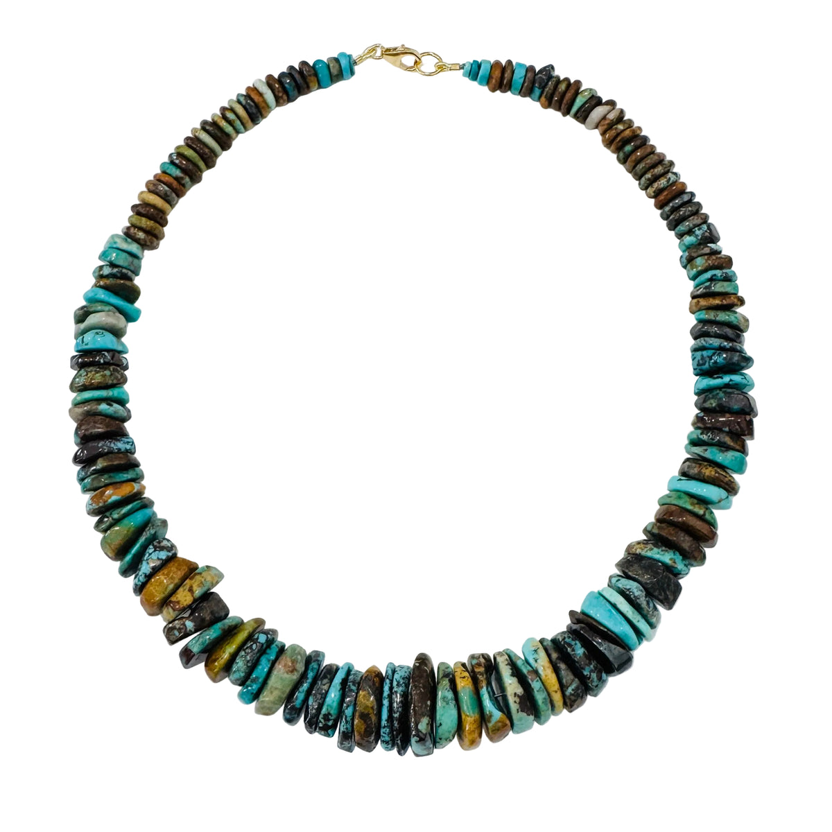 Front view of natural turquoise graduated necklace with smooth beads and gold-filled clasp on white background