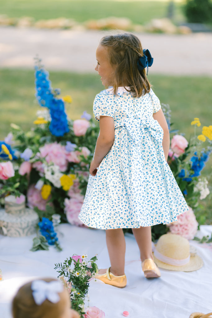 Isadora Floral Blue Short Puff Empire Dress