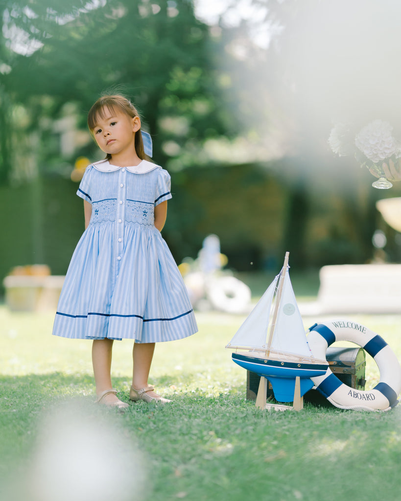 Riviera Blue Stripe Short Sleeve Smocked Dress