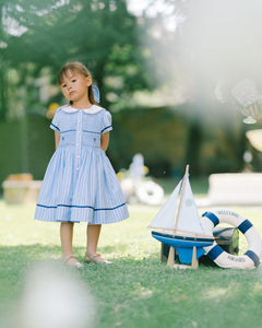 Riviera Blue Stripe Short Sleeve Smocked Dress