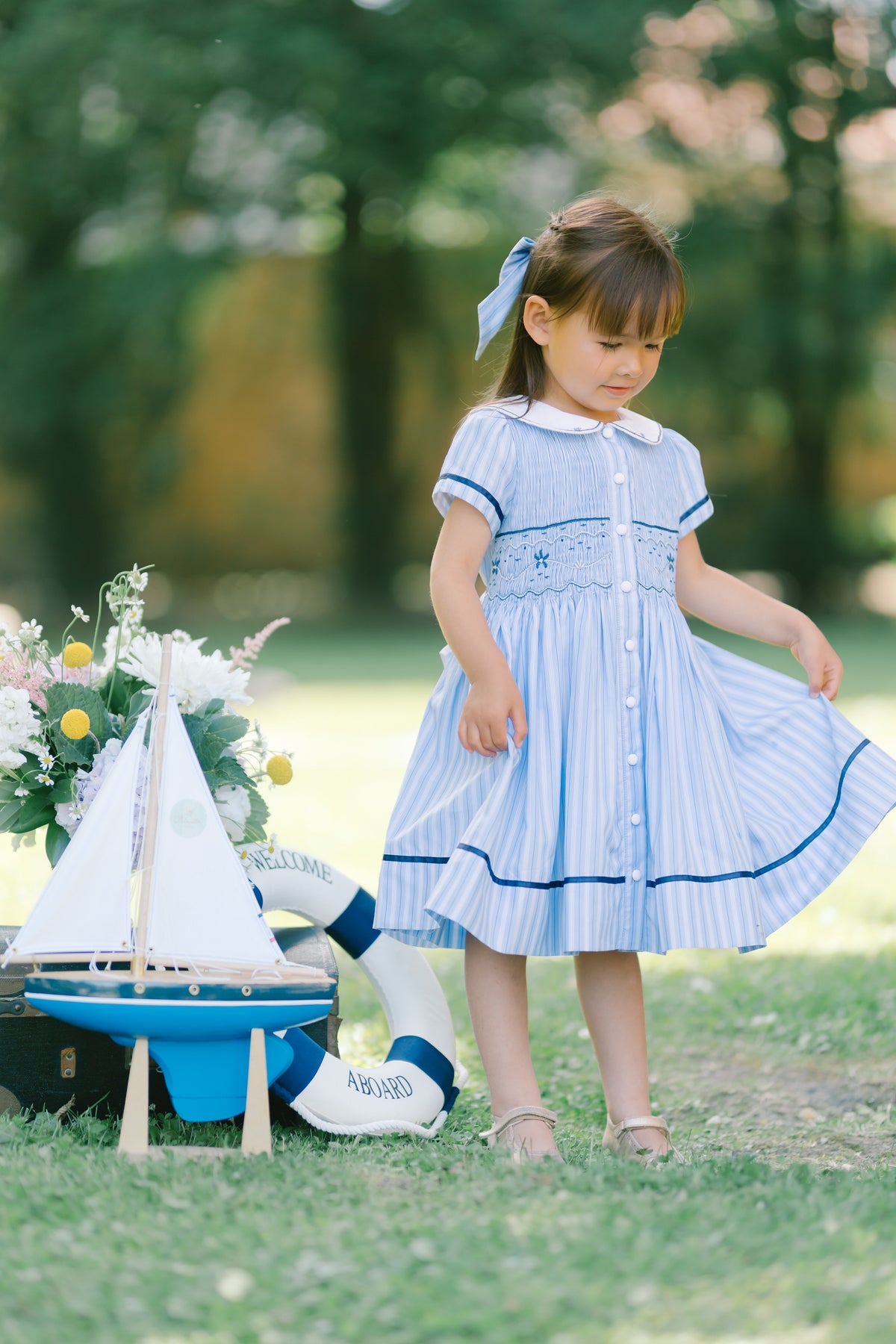 Riviera Blue Stripe Short Sleeve Smocked Dress