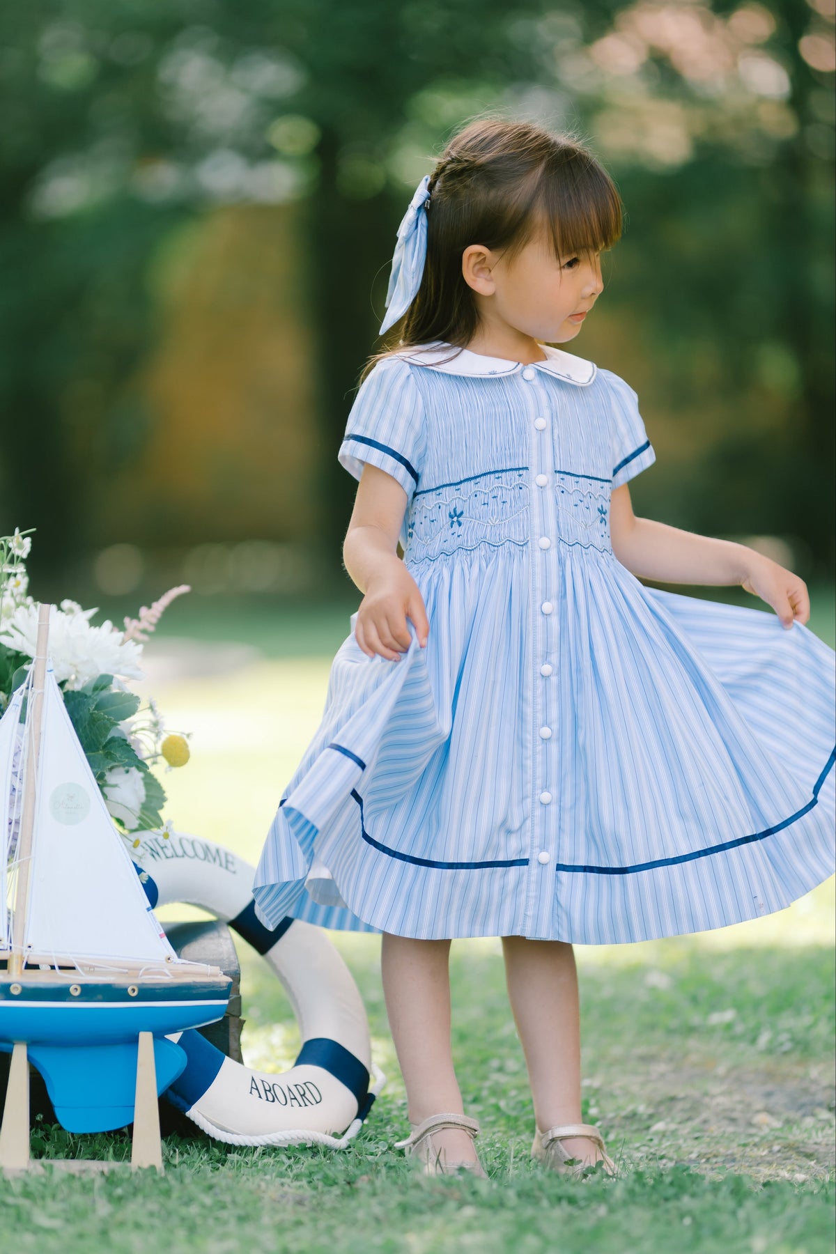 Riviera Blue Stripe Short Sleeve Smocked Dress
