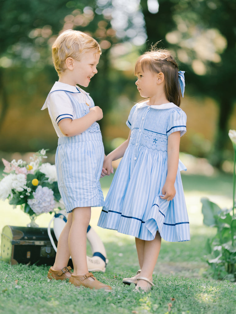 Riviera Blue Stripe Short Sleeve Smocked Dress