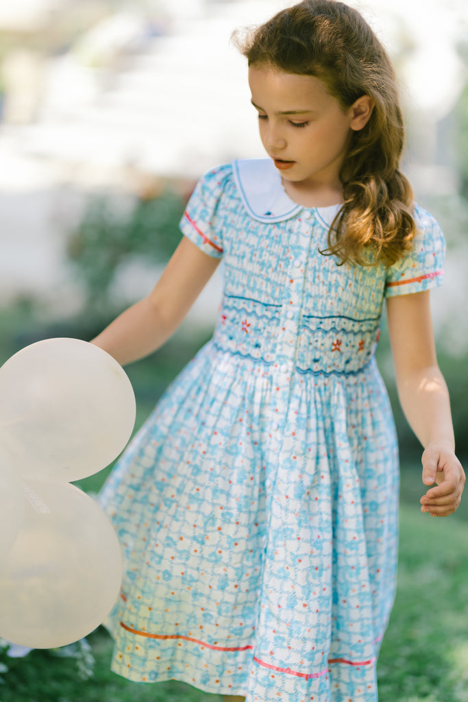 Riviera Floral Blue Short Sleeve Smocked Dress