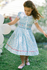 Riviera Floral Blue Short Sleeve Smocked Dress