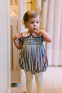 Marine Stripe Blue Burgundy Smocked Romper