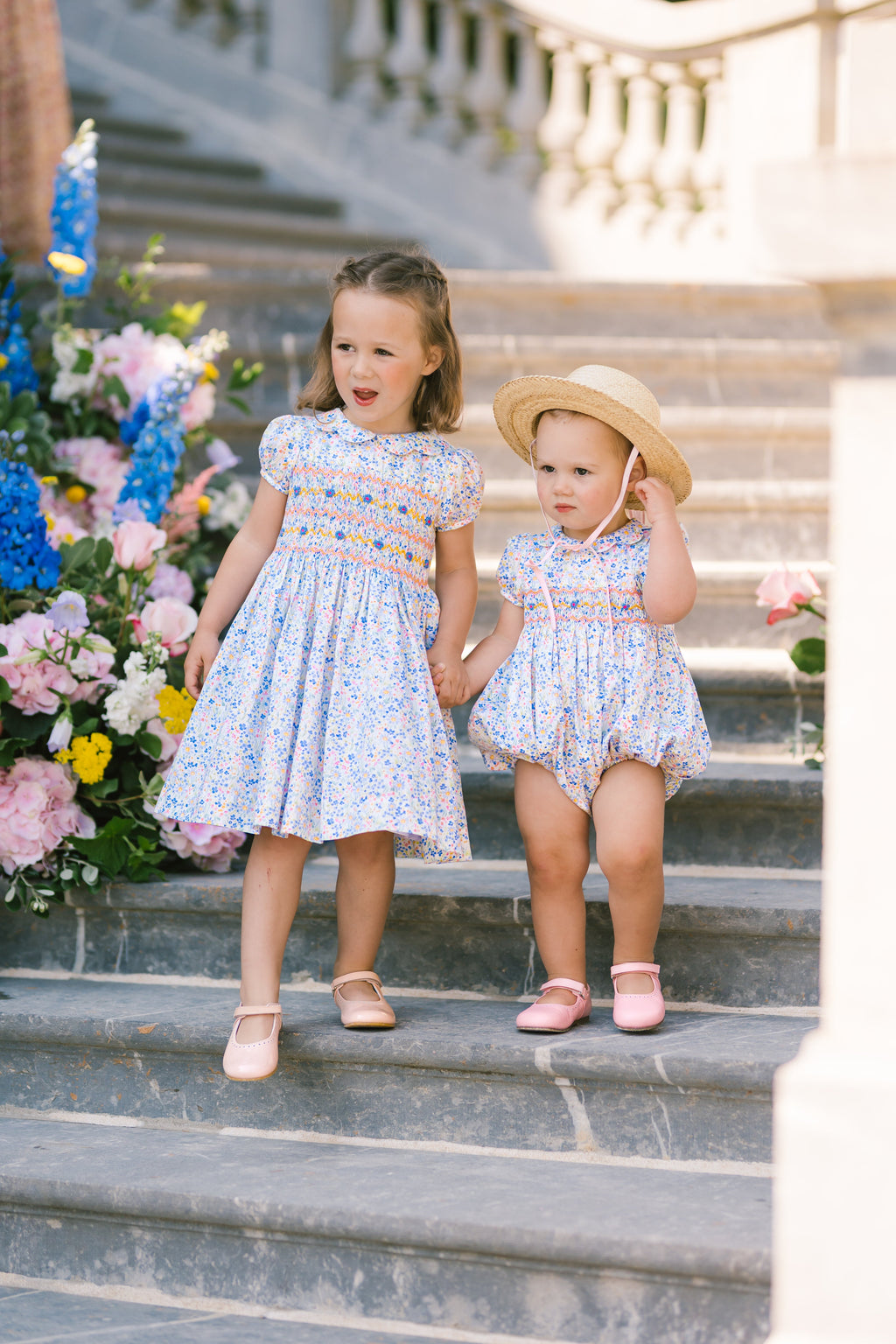 Ondine Floral Blue Short Puff Smocked Dress