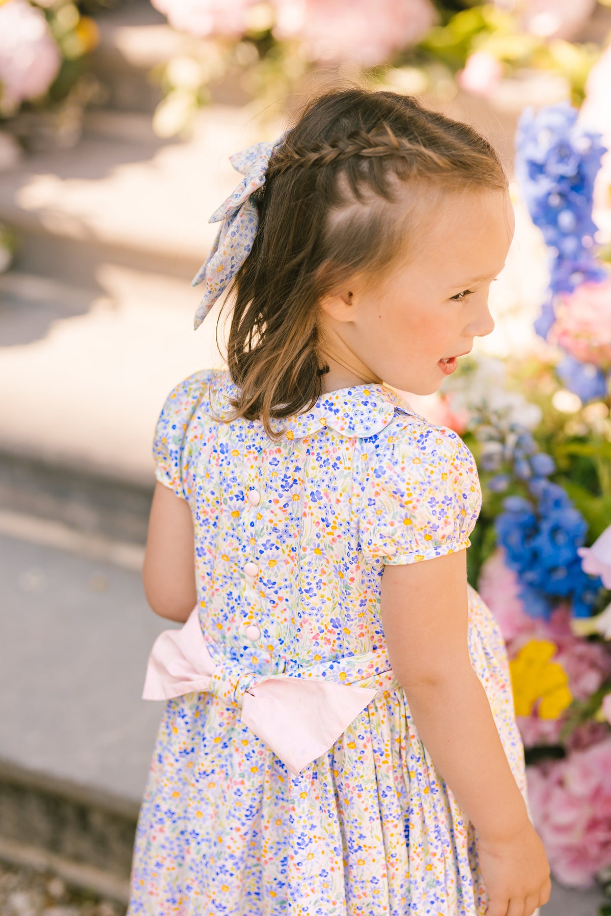 Ondine Floral Blue Short Puff Smocked Dress