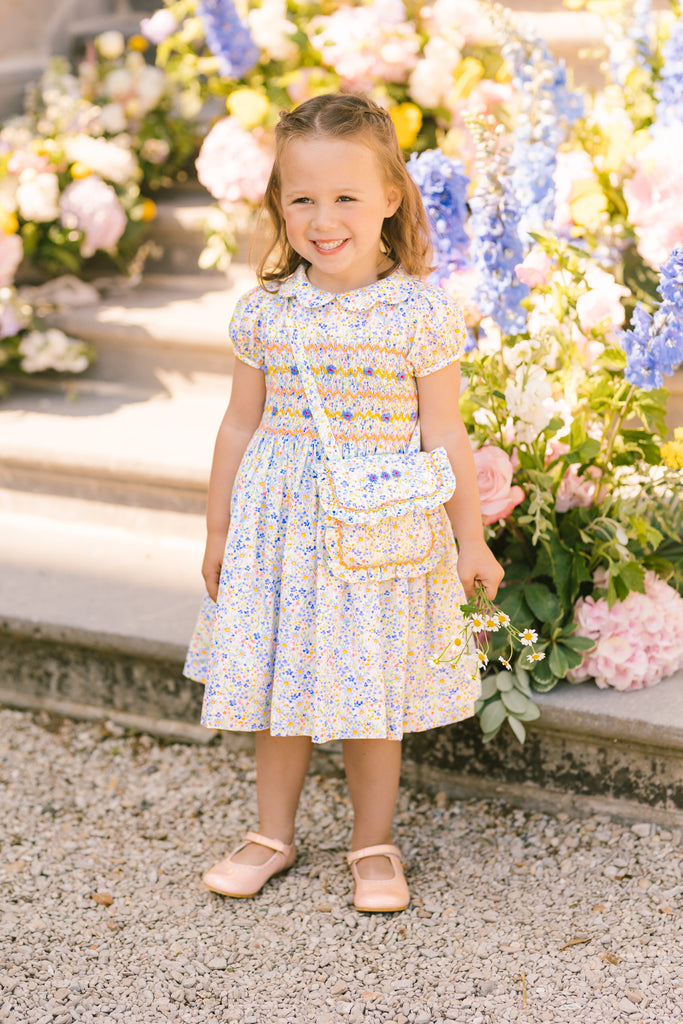 Ondine Floral Blue Short Puff Smocked Dress