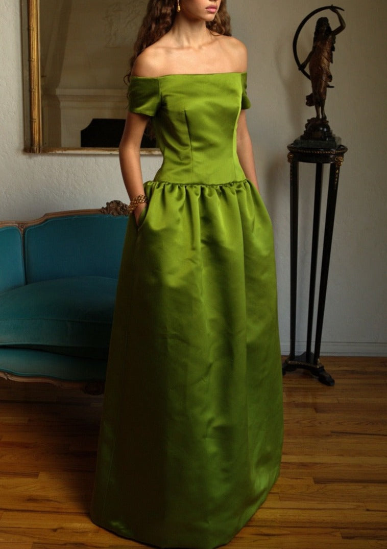 Off-The-Shoulder Drop Waist Gown in Chartreuse Italian Double-Faced Satin