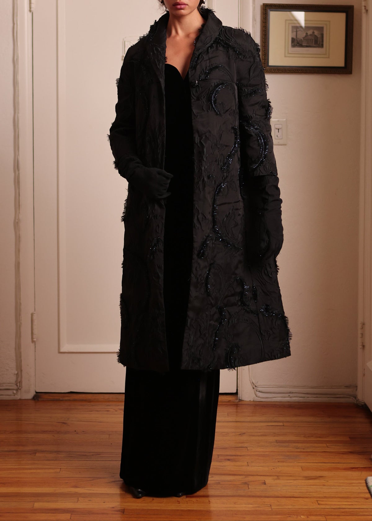 Opera Coat in Black Fringed Textured French Brocade