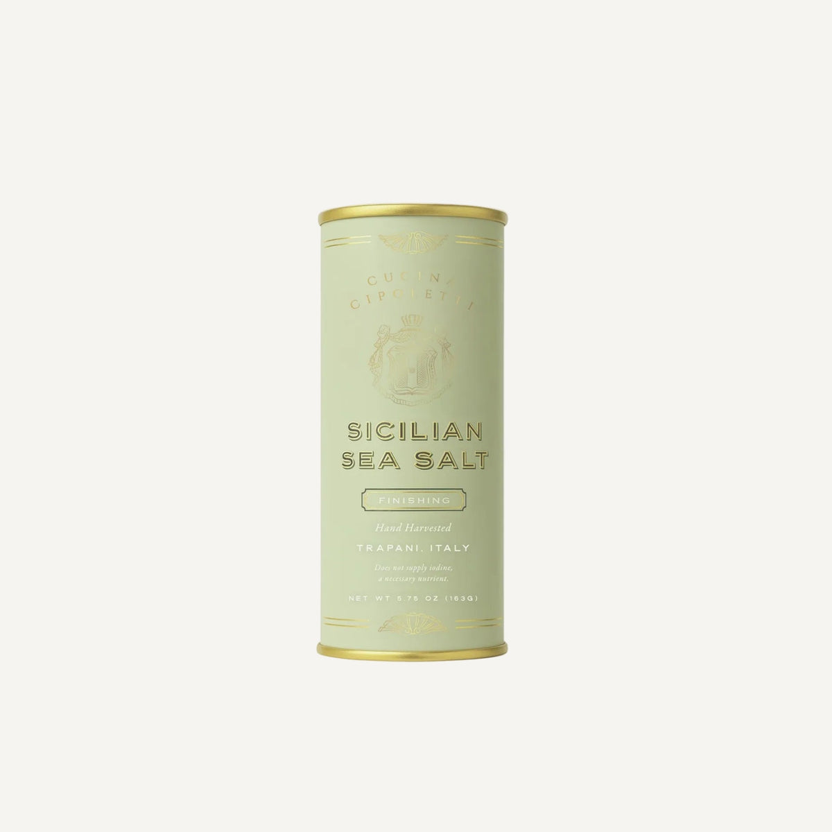 Canister of Sicilian Sea Salt on a white background