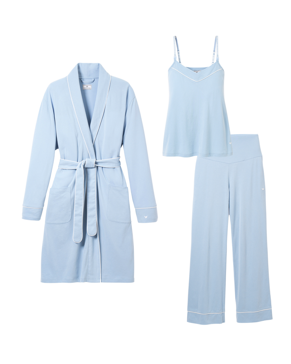 Front flat lay of Cozy Maternity Set in periwinkle showing belted robe, cami, and wide-leg pants with white piping