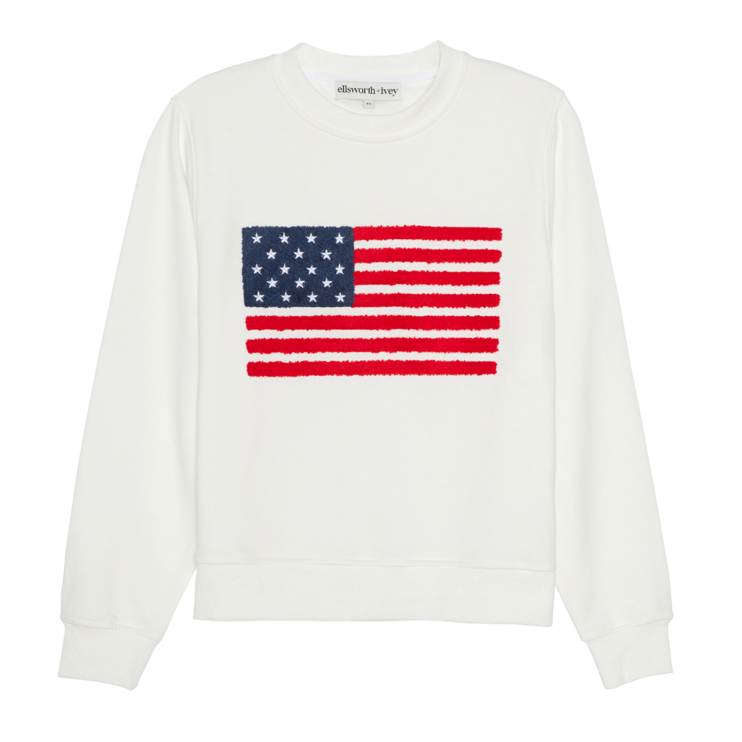 Front view of American Flag Sweatshirt showcasing chenille flag artwork with a transparent background