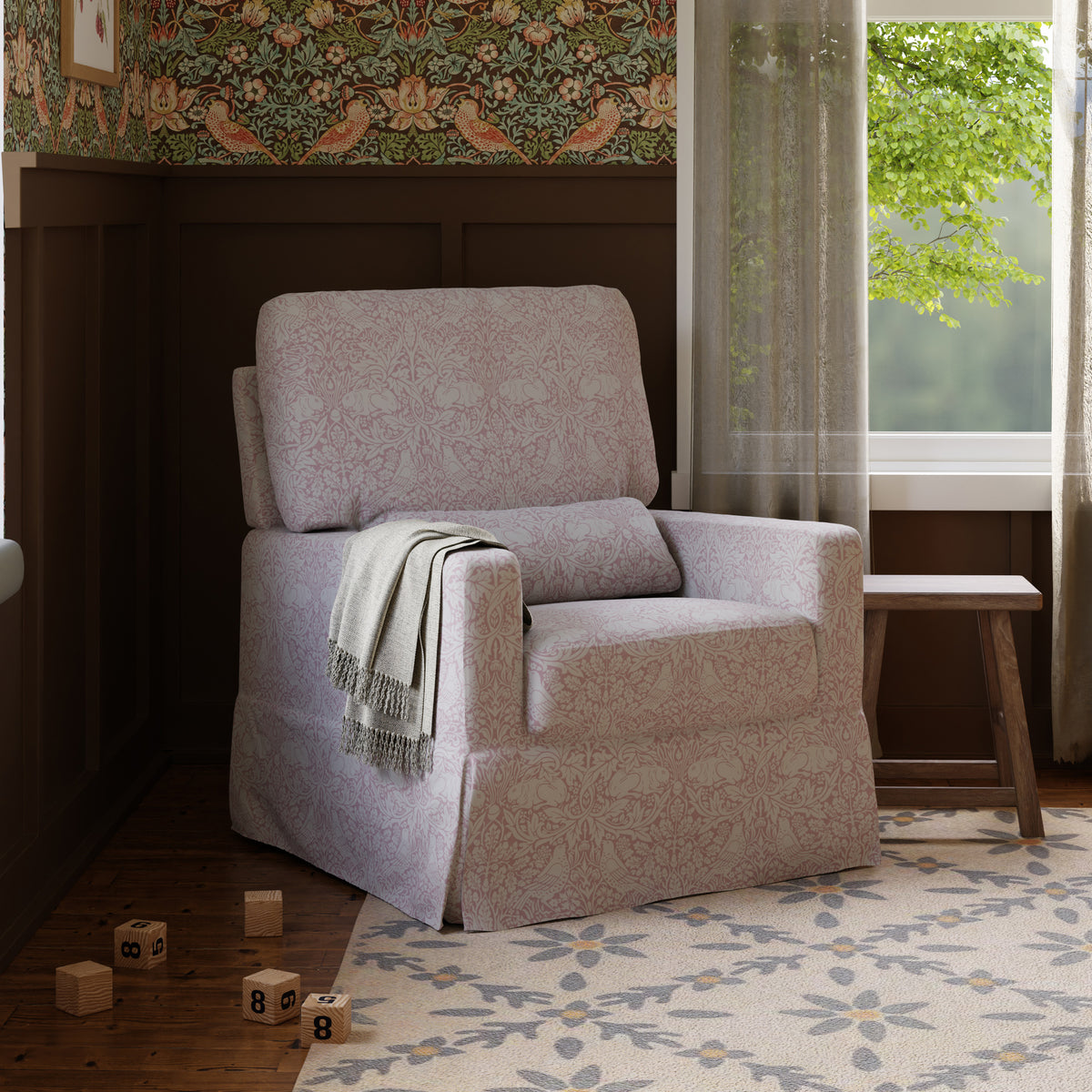 Morris & Co. x Namesake Crawford Pillowback Comfort Swivel Glider Pure Brer Rabbit in Rose