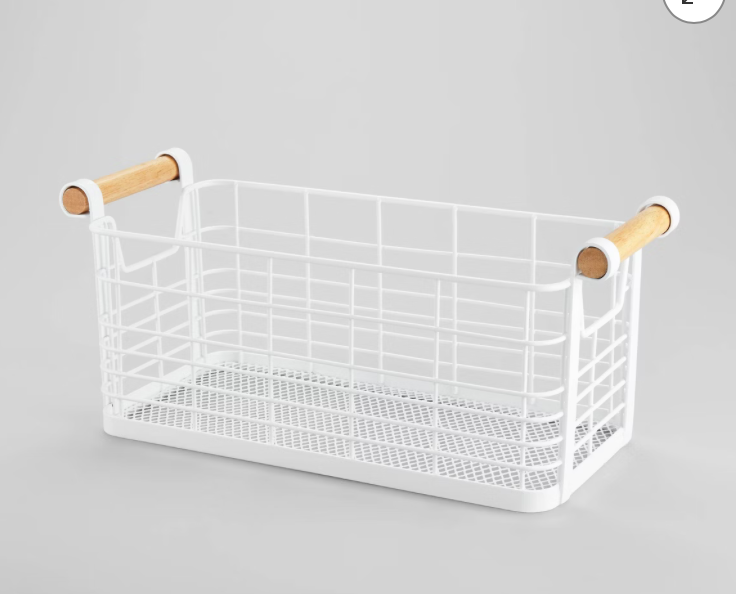 6.25 '' x 13.75" x 6" Small Rectangular Wire Natural Wood Basket with Handles White - Brightroom™