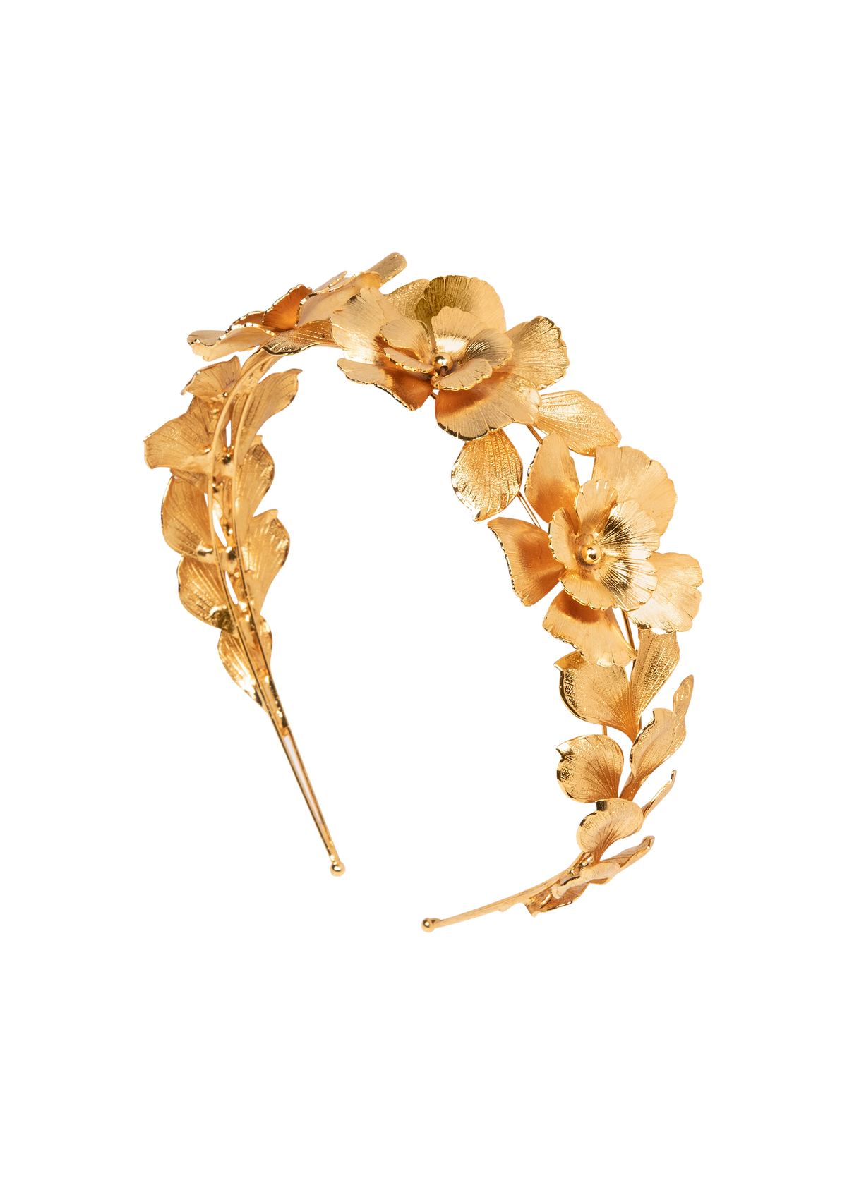 Front view of Rowena Headband showcasing gold-tone floral blooms and foliage with a plain black background