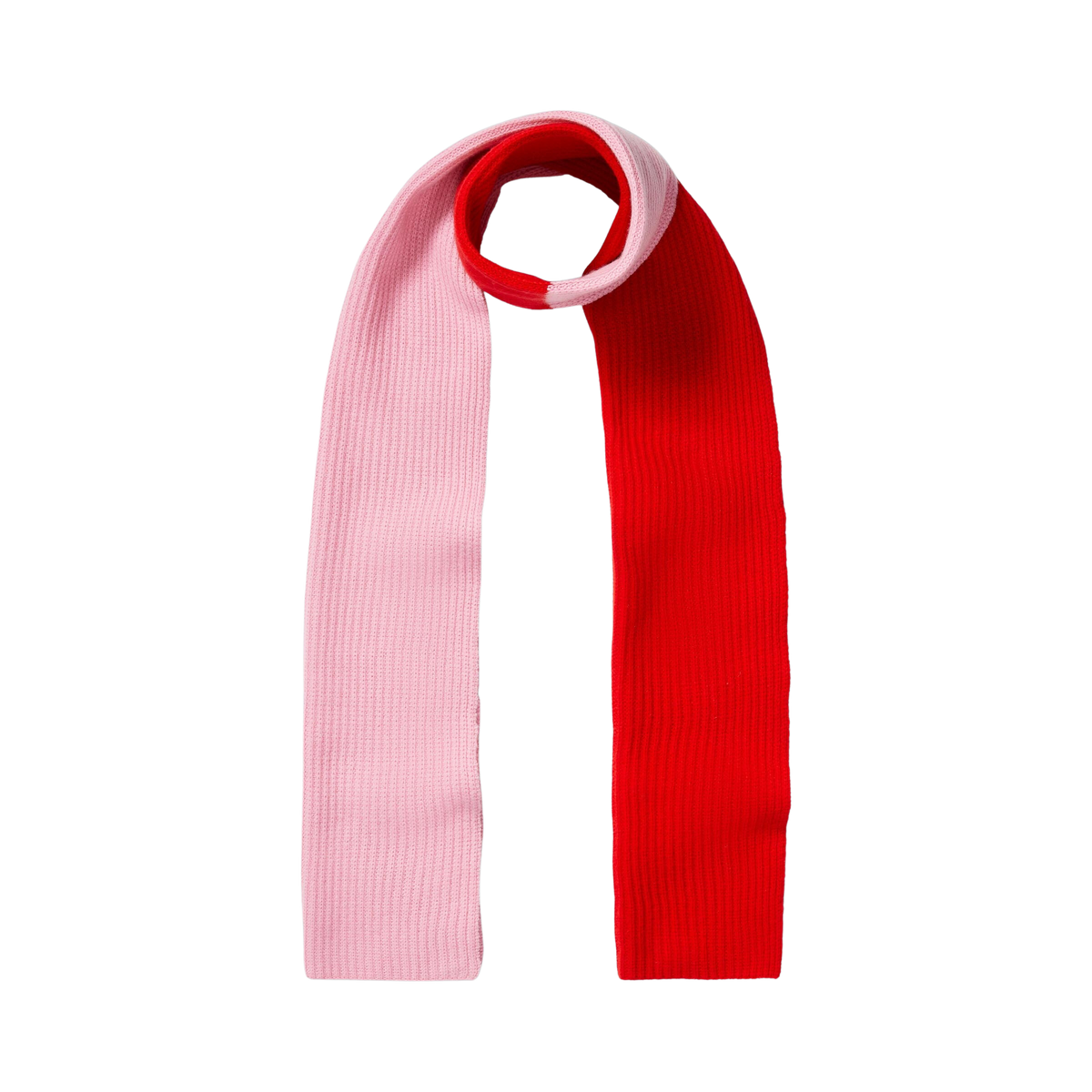 Front view of Color Block Scarf in Red and Pink showcasing chunky ribbing and contrasting cashmere with a black background